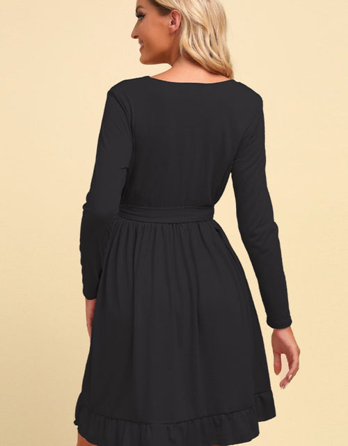 Load image into Gallery viewer, Long Sleeve Tie Waist Ruffle Hem Dress
