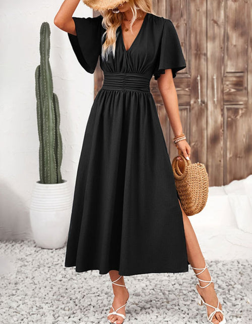 Load image into Gallery viewer, Side Slit Surplice Flutter Sleeve Midi Dress
