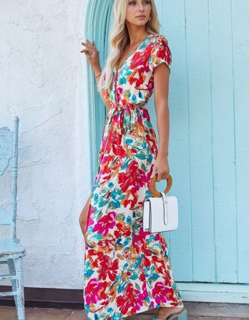 Load image into Gallery viewer, Printed Surplice Short Sleeve Tie Waist Maxi Dress
