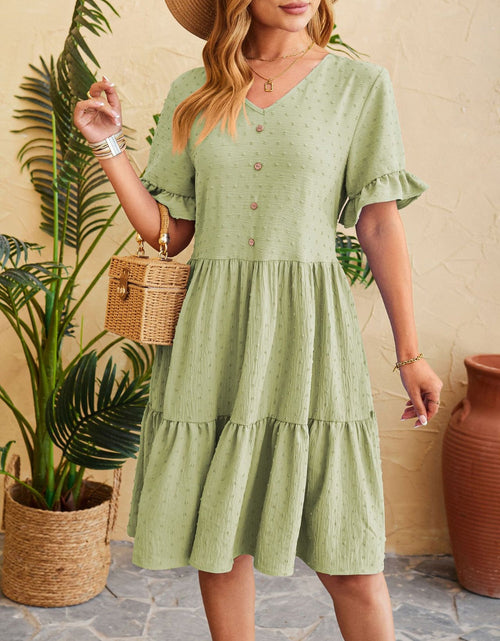 Load image into Gallery viewer, Swiss Dot Ruffled V-Neck Tiered Dress

