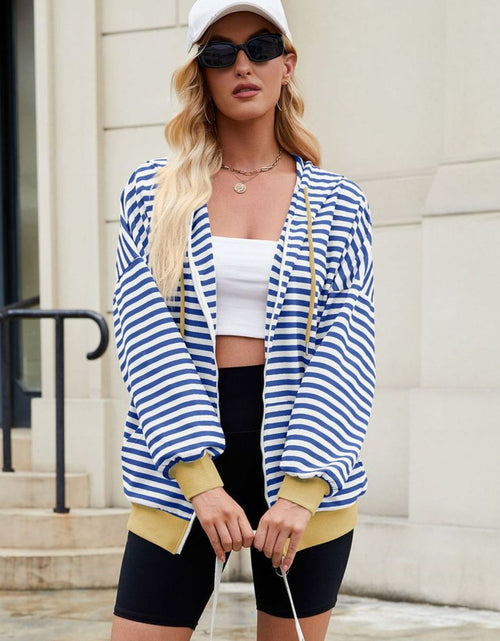 Load image into Gallery viewer, Drawstring Striped Zip Up Long Sleeve Hoodie
