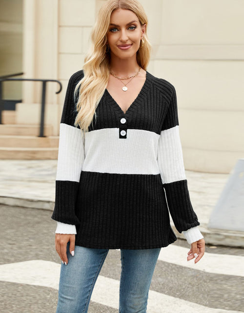 Load image into Gallery viewer, Color Block V-Neck Long Sleeve T-Shirt
