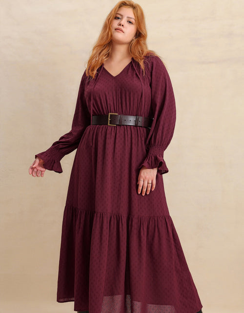 Load image into Gallery viewer, Plus Size Swiss Dot Tie Neck Flounce Sleeve Maxi Dress
