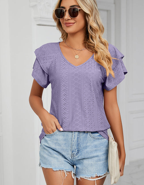Load image into Gallery viewer, Eyelet V-Neck Short Sleeve T-Shirt
