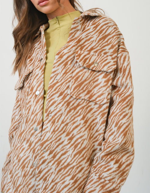 Load image into Gallery viewer, HYFVE Zebra Print Snap Down Long Sleeve Shacket
