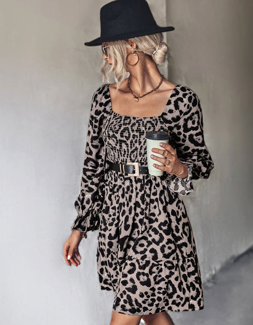 Load image into Gallery viewer, Leopard Smocked Flounce Sleeve Mini Dress
