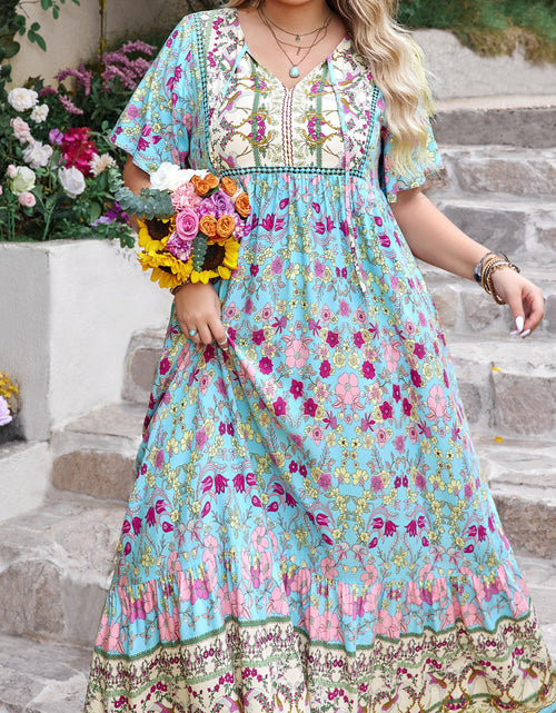 Load image into Gallery viewer, Plus Size Printed Tie Neck Flutter Sleeve Maxi Dress
