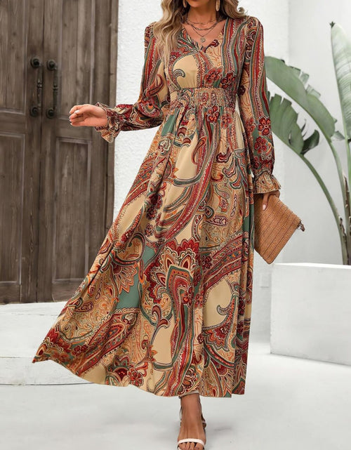 Load image into Gallery viewer, Smocked Printed V-Neck Flounce Sleeve Dress
