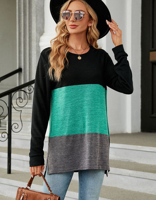 Load image into Gallery viewer, Color Block Round Neck Long Sleeve Slit T-Shirt
