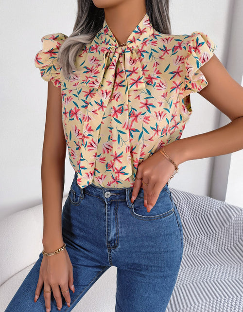 Load image into Gallery viewer, Floral Tie Neck Flutter Sleeve Blouse
