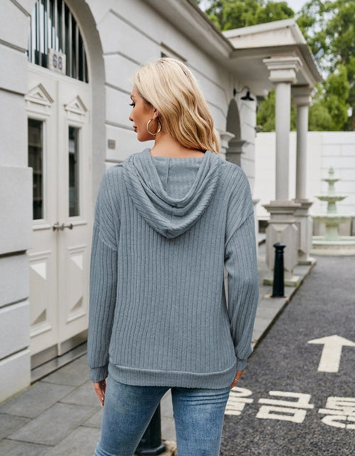 Load image into Gallery viewer, Ribbed Drawstring Long Sleeve Hoodie
