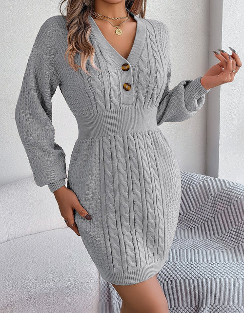 Load image into Gallery viewer, Buttoned Cable-Knit V-Neck Sweater Dress
