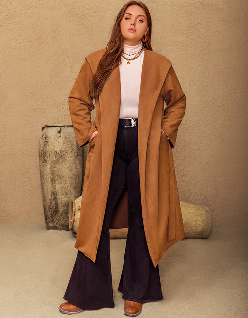 Load image into Gallery viewer, Plus Size Tied Long Sleeve Hooded Coat with Pockets
