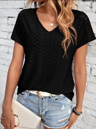 Load image into Gallery viewer, Eyelet V-Neck Short Sleeve T-Shirt

