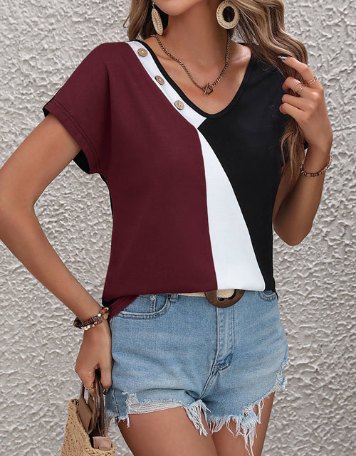 Load image into Gallery viewer, Ivy Lane Color Block Decorative Button V-Neck Tee
