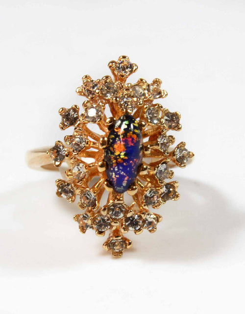Load image into Gallery viewer, Vintage Ring Genuine Opal with Clear and Ruby Austrian Crystals 18kt Yellow Gold Electroplated by PVD Vintage Jewelry
