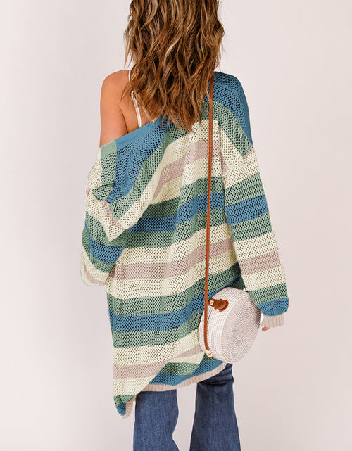 Load image into Gallery viewer, Full Size Striped Long Sleeve Openwork Cardigan
