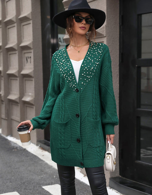 Load image into Gallery viewer, Perfee Pearl Detail Cable-Knit Button Up Cardigan

