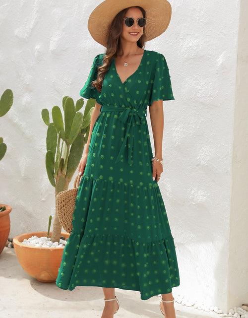 Load image into Gallery viewer, Swiss Dot Tied Surplice Short Sleeve Dress
