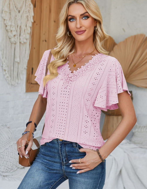 Load image into Gallery viewer, Eyelet Applique V-Neck Cap Sleeve T-Shirt
