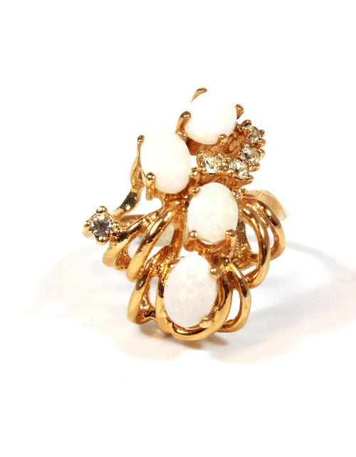 Load image into Gallery viewer, Vintage Genuine Opals Cluster with Austrian Crystals 18k Yellow Gold Plated Cocktail Ring by PVD Vintage Jewelry
