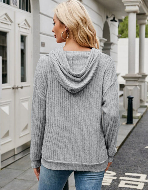 Load image into Gallery viewer, Ribbed Drawstring Long Sleeve Hoodie
