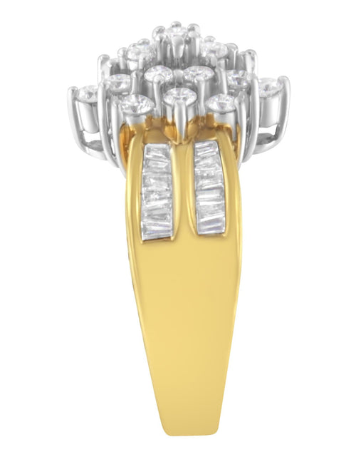 Load image into Gallery viewer, 10K Yellow Gold 1.0 Cttw Round &amp; Baguette Cut Diamond Floral Cluster Double-Channel Flared Band Statement Ring (H-I Color, SI2-I1 Clarity) by Haus of Brilliance

