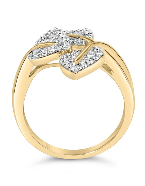 Load image into Gallery viewer, 18K Yellow Gold Plated .925 Sterling Silver 1/2 Cttw Baguette and Round Diamond Bypass Triple Leaf Ring (I-J Color, I1-I2 Clarity) by Haus of Brilliance
