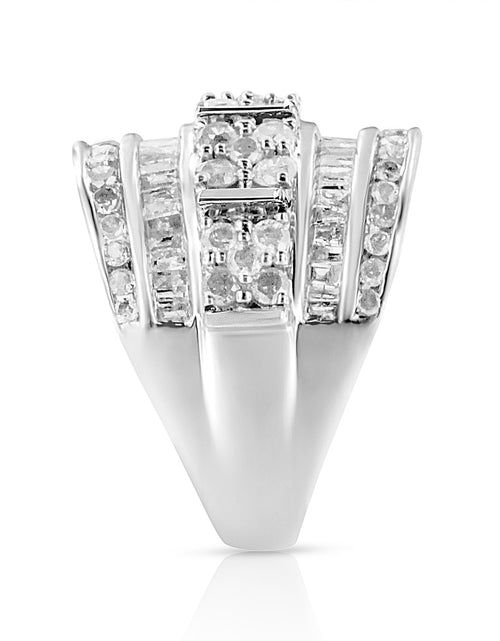 Load image into Gallery viewer, .925 Sterling Silver 2.0 Cttw Round &amp; Baguette Cut Diamond Multi-Row Channel Set Tapered Cocktail Fashion Ring (I-J Color, I3 Clarity) by Haus of Brilliance

