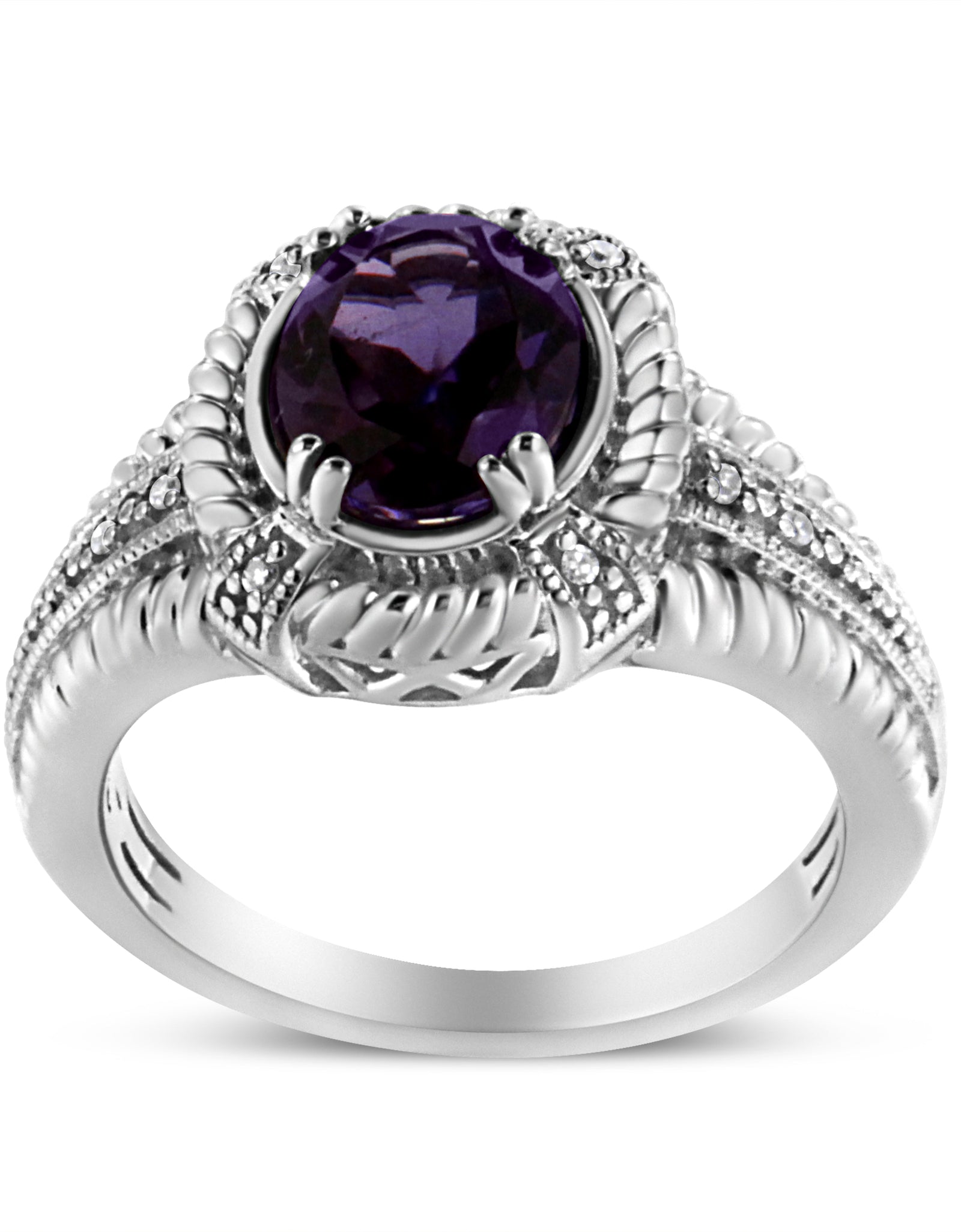 .925 Sterling Silver Prong Set Natural Oval Shape 9X7 MM Purple Amethyst Solitaire and Diamond Accent Ring (I-J Color, I1-I2 Clarity) by Haus of Brilliance