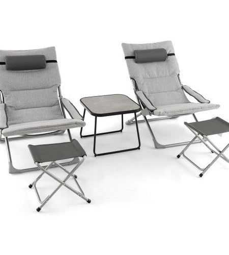 5-Piece Patio Sling Chair Set Folding Lounge Chairs with Footrests and Coffee Table-Gray