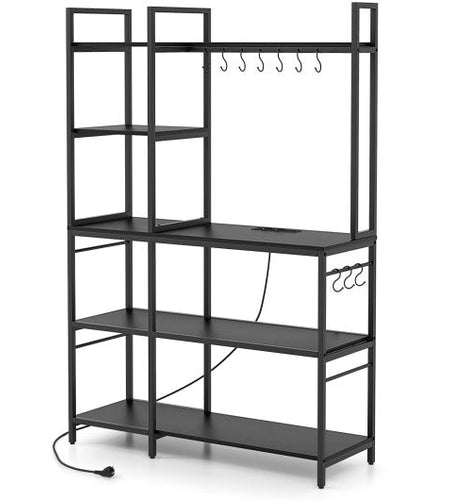 5-Tier Bakers Rack with Power Outlets and 10 S-Shaped Hooks-Black