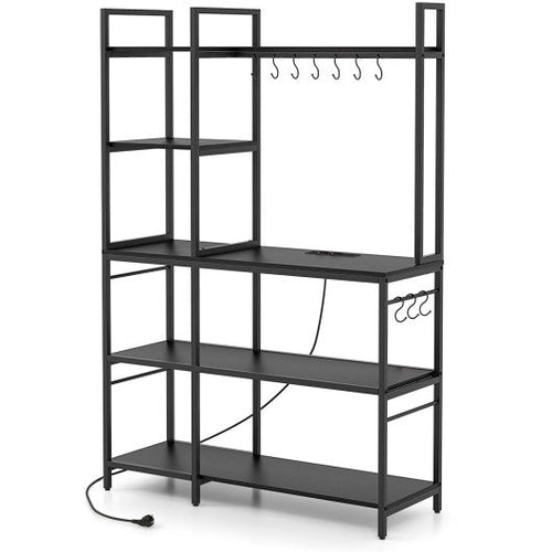 Load image into Gallery viewer, 5-Tier Bakers Rack with Power Outlets and 10 S-Shaped Hooks-Black
