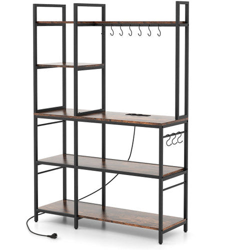 5-Tier Bakers Rack with Power Outlets and 10 S-Shaped Hooks-Rustic Brown