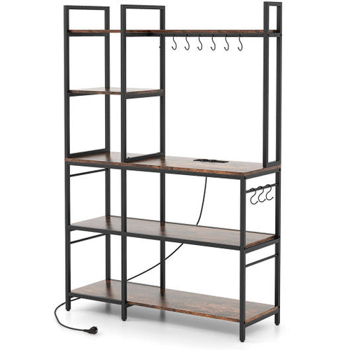Load image into Gallery viewer, 5-Tier Bakers Rack with Power Outlets and 10 S-Shaped Hooks-Rustic Brown
