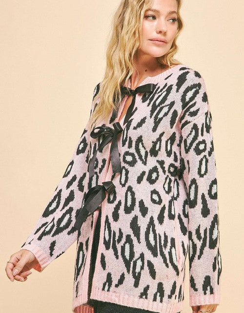 Load image into Gallery viewer, Davi &amp; Dani Leopard Ribbon Tie Front Loose Fit Cardigan

