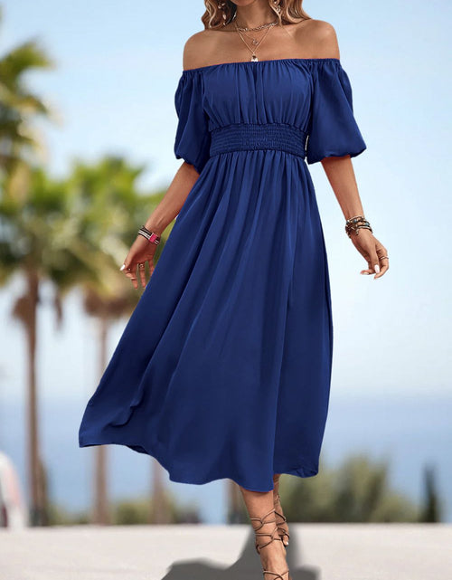 Load image into Gallery viewer, Square Neck Smocked Waist Puff Sleeve Midi Dress
