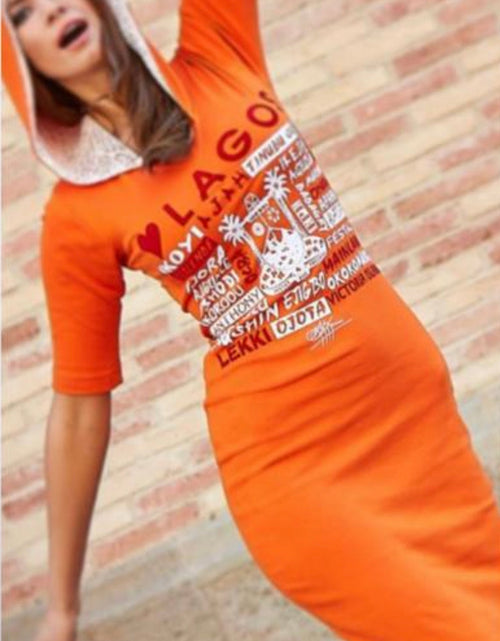 Load image into Gallery viewer, ORANGE MAXI LOVE LAGOS STATE SEAL HOODED DRESS, WITH WHITE NET DETAIL by KIKIKAMANUInc
