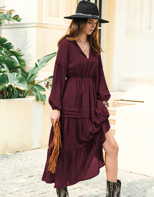 Load image into Gallery viewer, Tie Neck Long Sleeve Midi Tiered Dress
