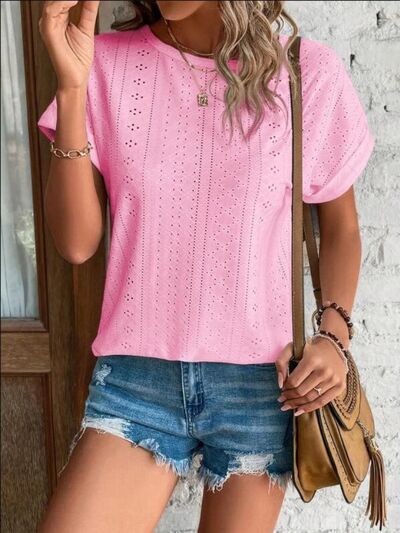 Load image into Gallery viewer, Eyelet Round Neck Short Sleeve T-Shirt
