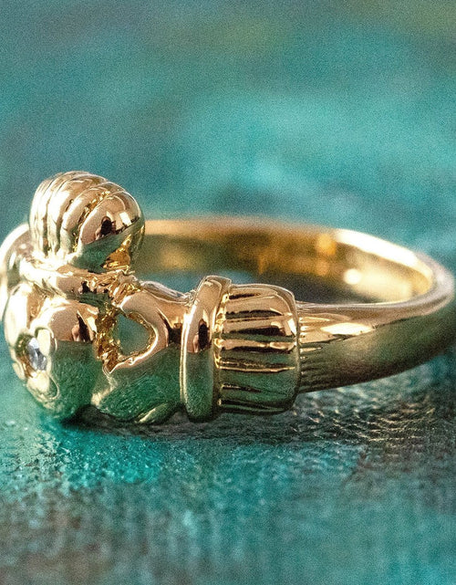 Load image into Gallery viewer, Antique Dainty Claddagh Ring Clear Swarovski Crystal 18k Irish Gold Womans Jewelry Claddagh Rings R3443 by PVD Vintage Jewelry
