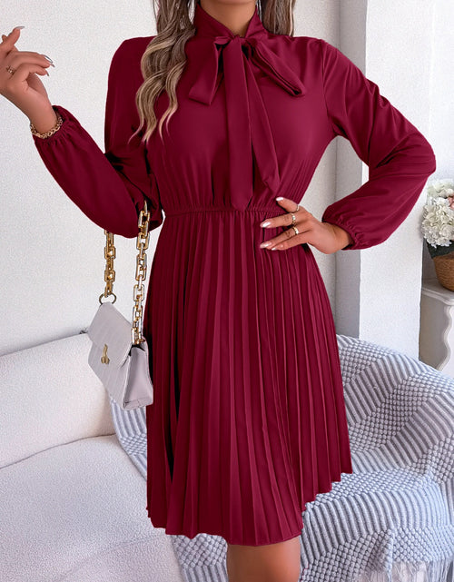 Load image into Gallery viewer, Tie Neck Balloon Sleeve Pleated Dress
