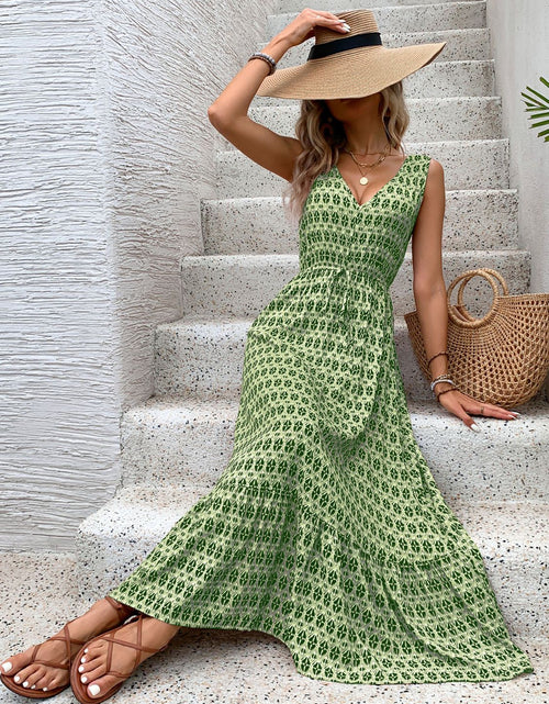 Load image into Gallery viewer, Perfee Printed V-Neck Tie Waist Midi Dress

