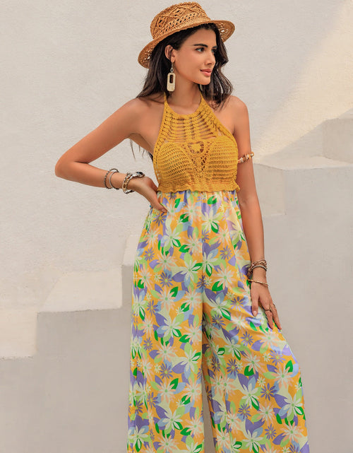 Load image into Gallery viewer, Openwork Halter Neck Floral Wide Leg Jumpsuit
