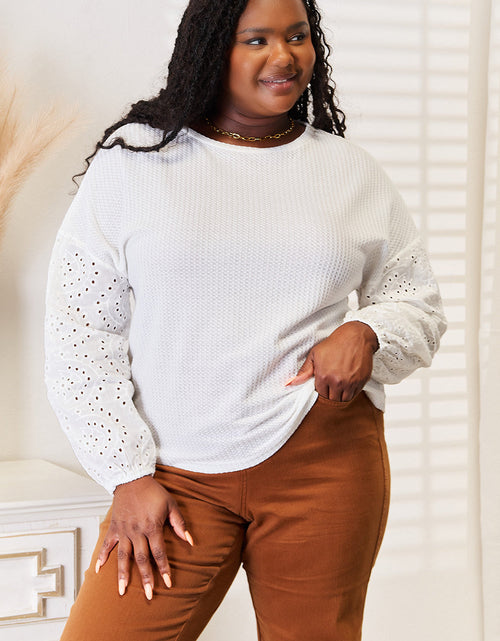 Load image into Gallery viewer, Shiny Eyelet Dropped Shoulder Round Neck Blouse
