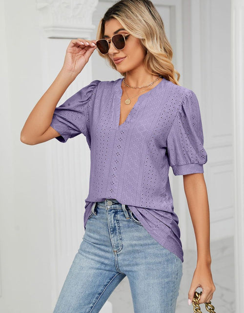 Load image into Gallery viewer, Eyelet Short Puff Sleeve Notched Neck Top
