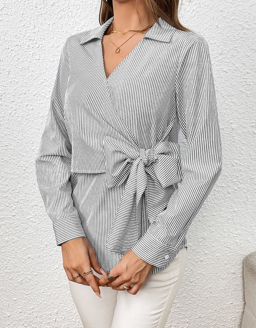Load image into Gallery viewer, Ivy Lane Bow Tie Waist Johnny Collar Neck Striped Blouse
