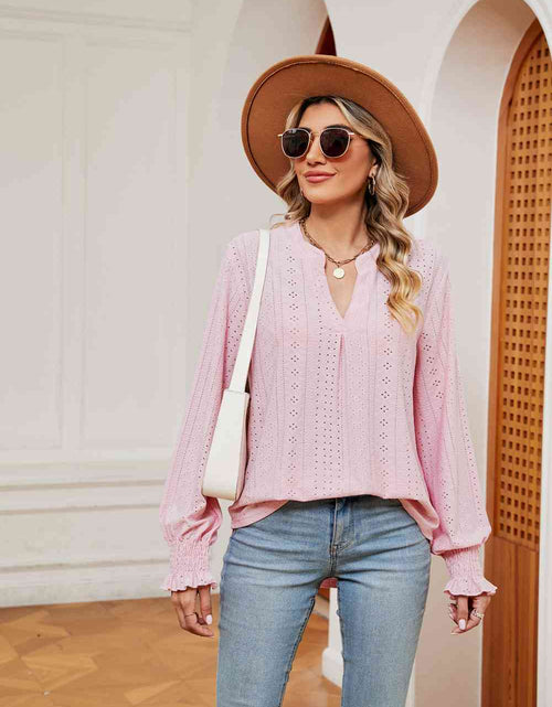 Load image into Gallery viewer, Notched Neck Flounce Sleeve Blouse
