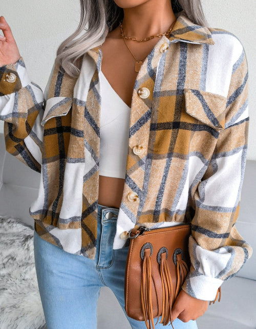Load image into Gallery viewer, Plaid Collared Neck Long Sleeve Jacket
