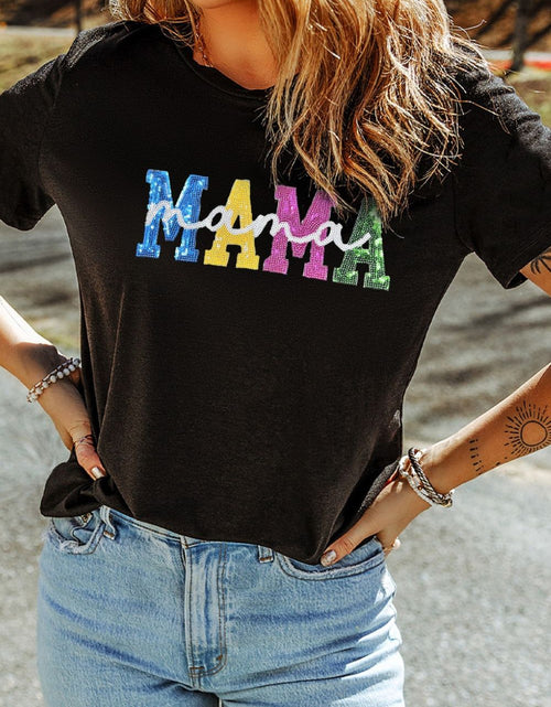 Load image into Gallery viewer, Sequin MAMA Round Neck Short Sleeve T-Shirt
